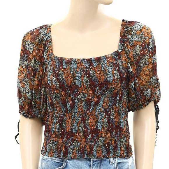 Free People Back On Crop Top Smocked Puff Sleeves Floral Printed S - Picture 5 of 8